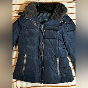 Navy Blue Puffer Jacket w/ Gold Accents (Zipper, Buttons)